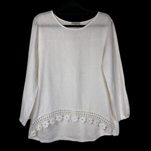 Terzo Millennio Womens Linen Embroidered Hem Long Sleeve Top Size L White